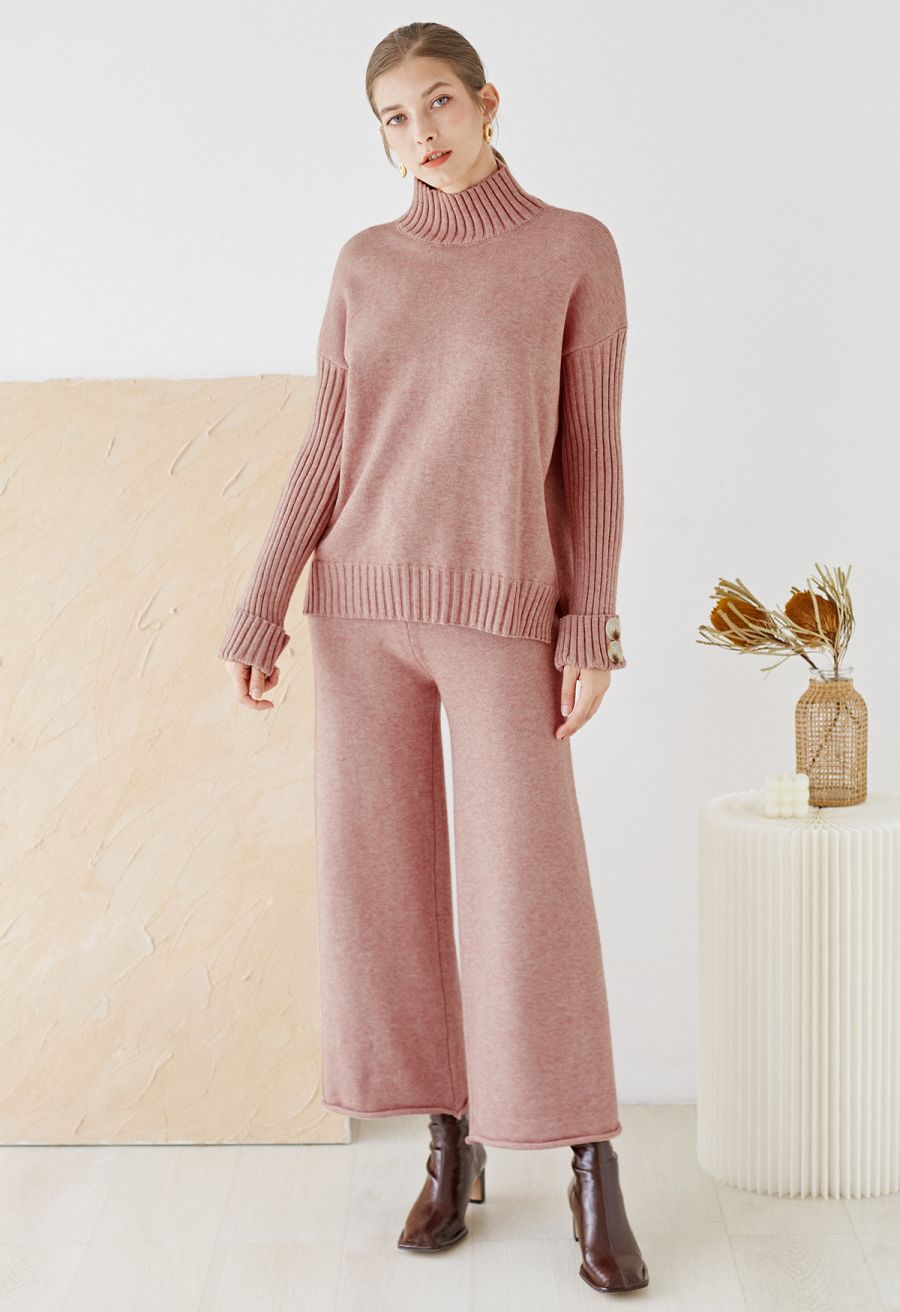 High Neck Buttoned Cuff Sweater and Knit Pants Set in Pink