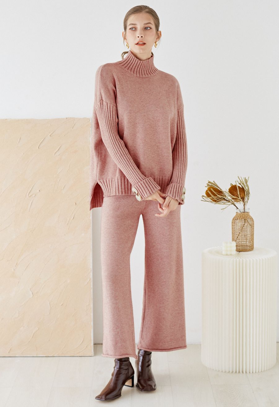 High Neck Buttoned Cuff Sweater and Knit Pants Set in Pink