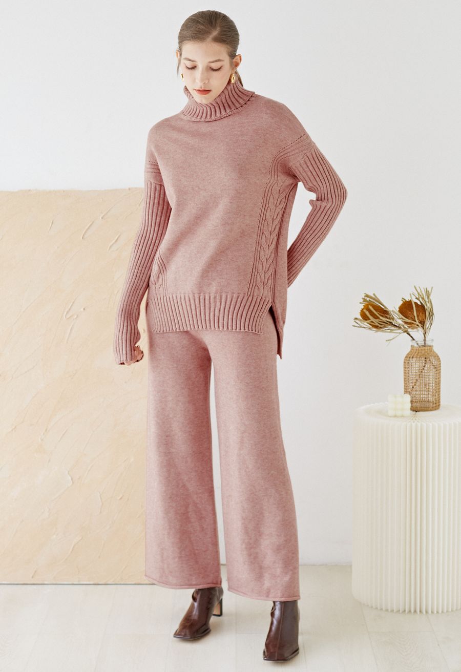 Turtleneck Hi-Lo Sweater and Knit Pants Set in Pink