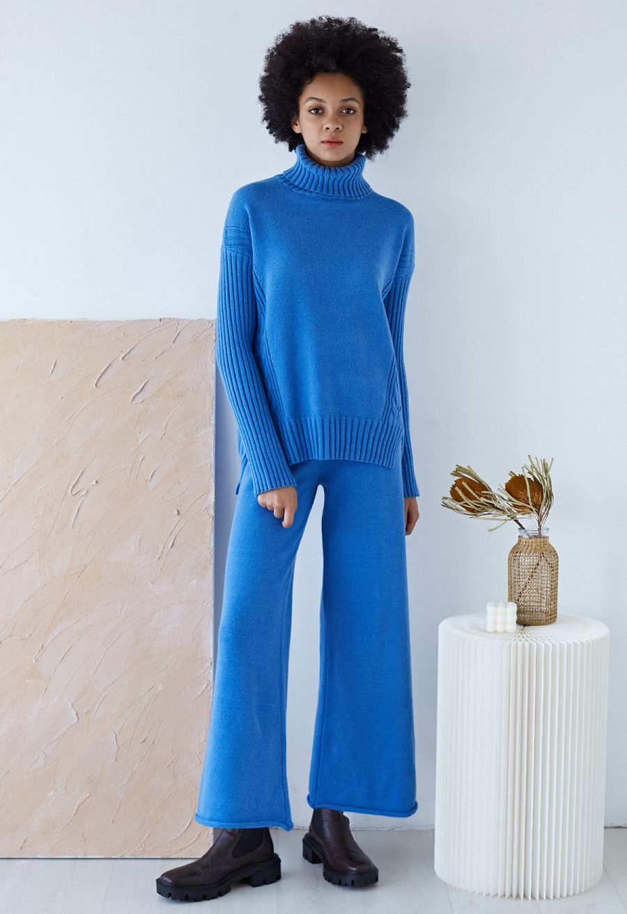 Turtleneck Hi-Lo Sweater and Knit Pants Set in Blue