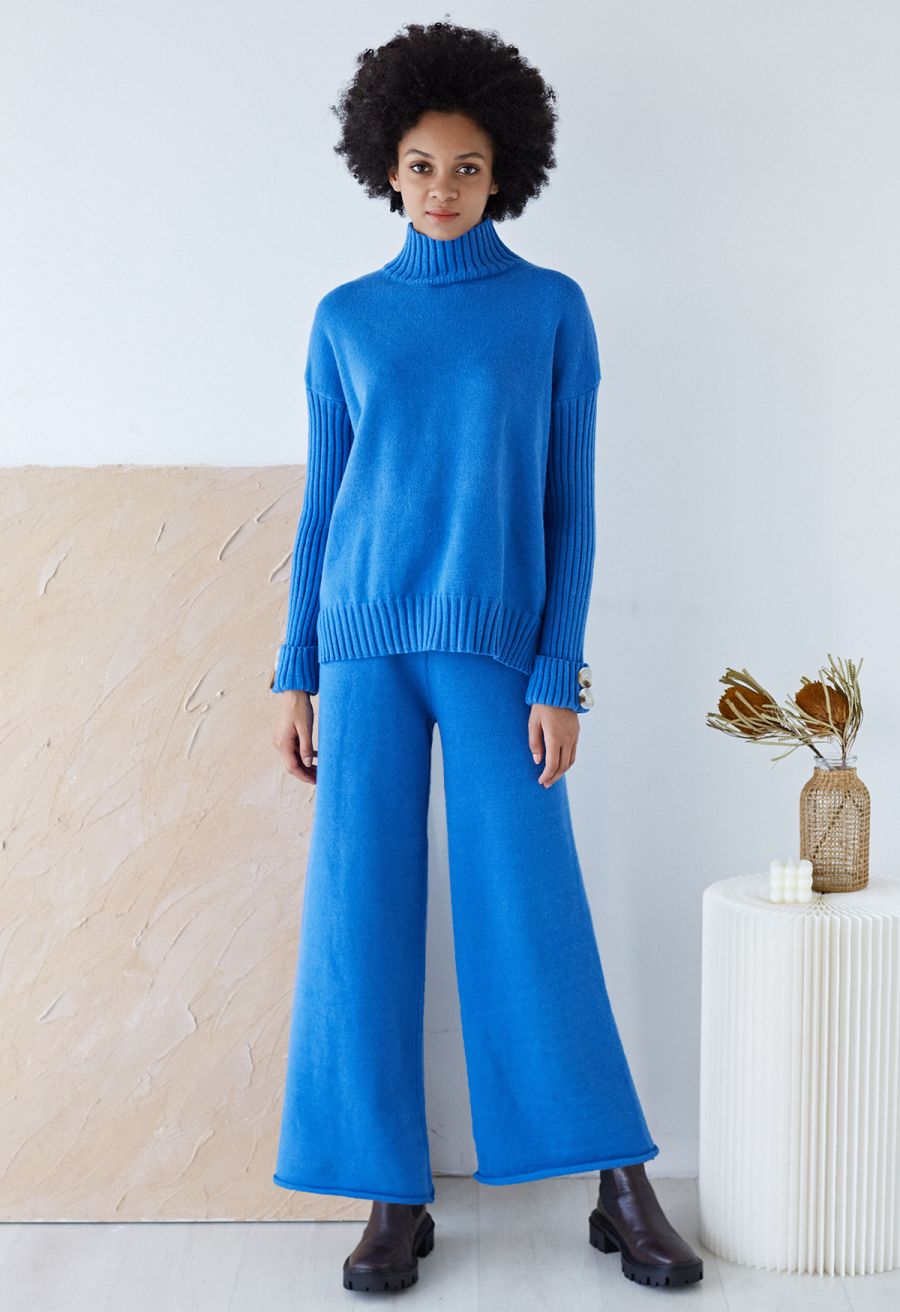 High Neck Buttoned Cuff Sweater and Knit Pants Set in Blue