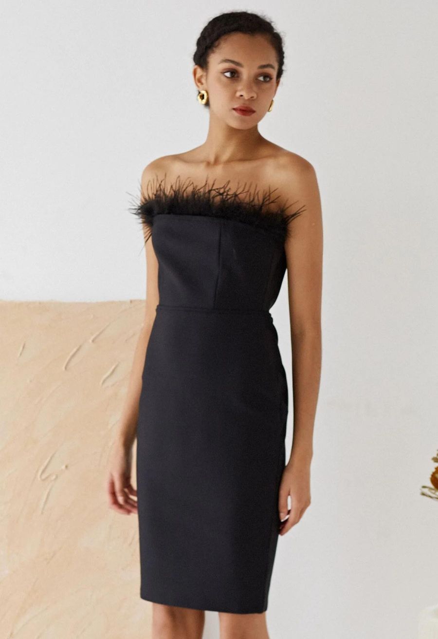 Feather Trim Bodycon Tube Cocktail Dress in Black