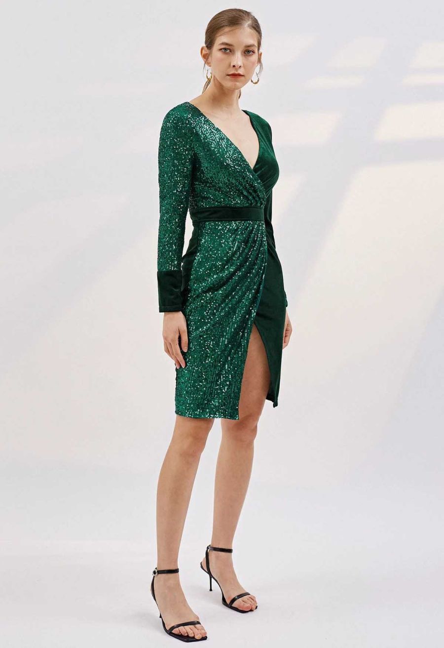 Dazzling Sequins Velvet Cocktail Dress in Emerald