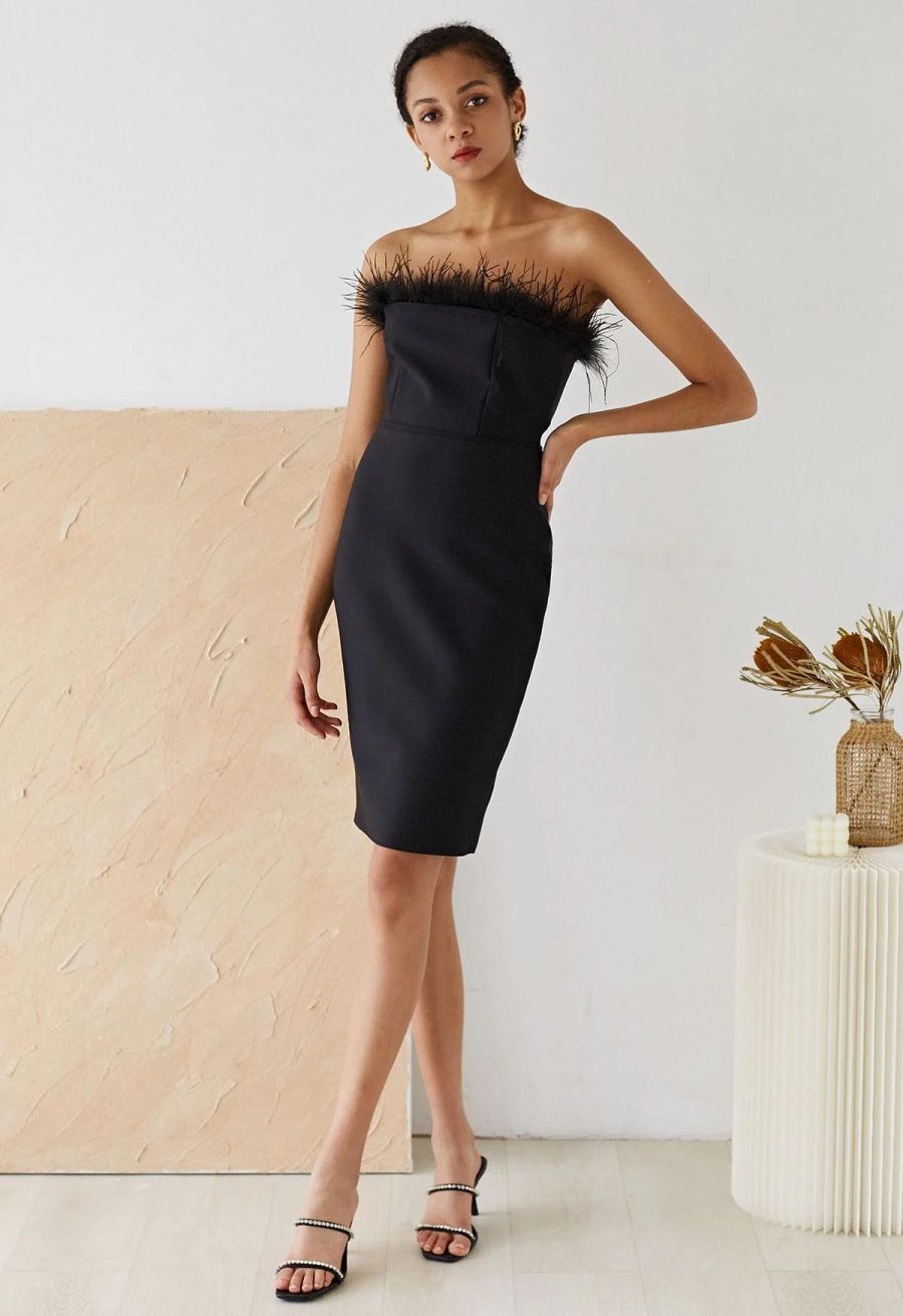 Feather Trim Bodycon Tube Cocktail Dress in Black