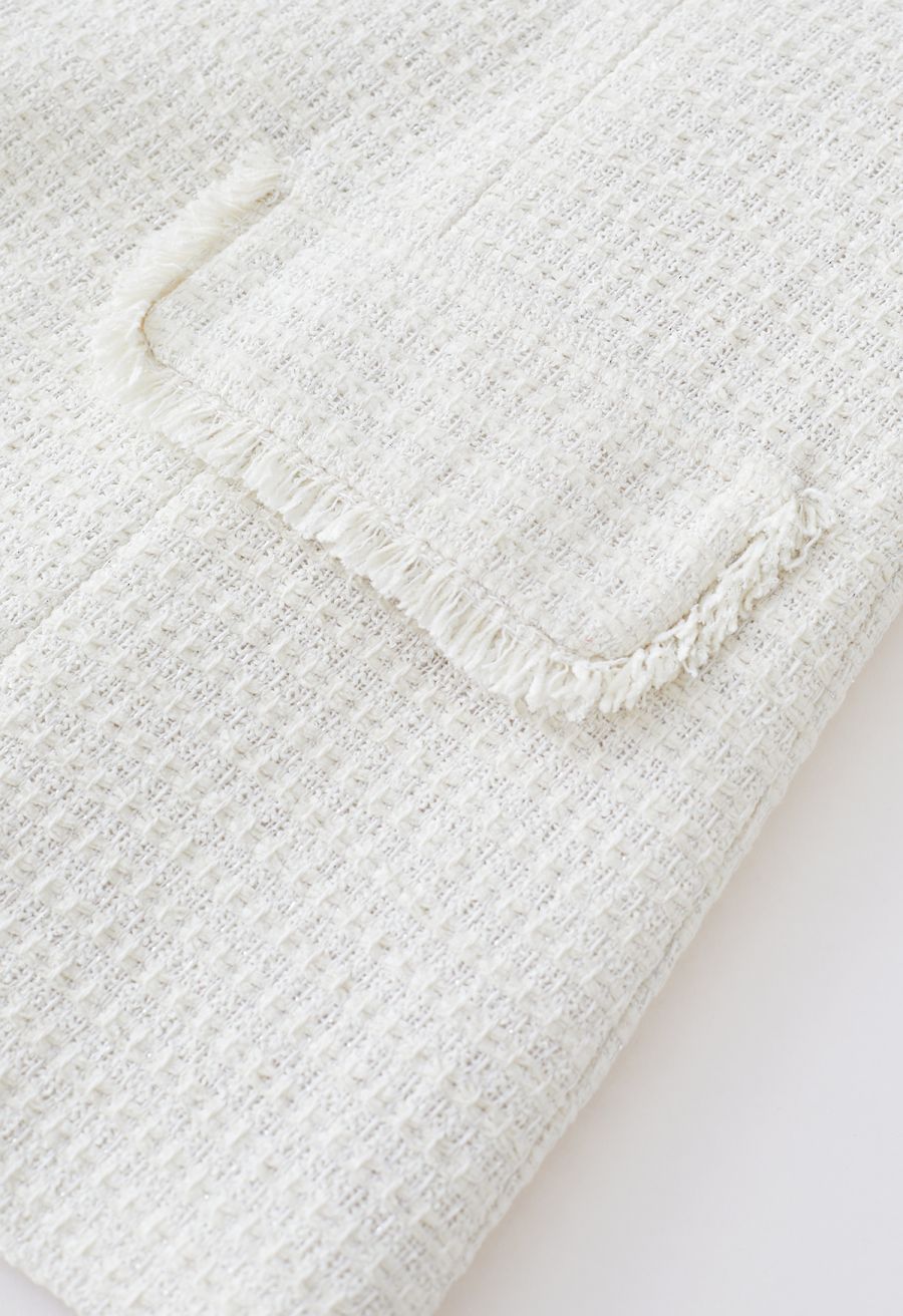 Shawl Collar Fringed Edge Tweed Blazer in Ivory
