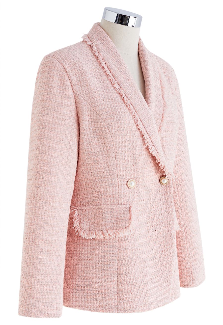 Shawl Collar Fringed Edge Tweed Blazer in Pink