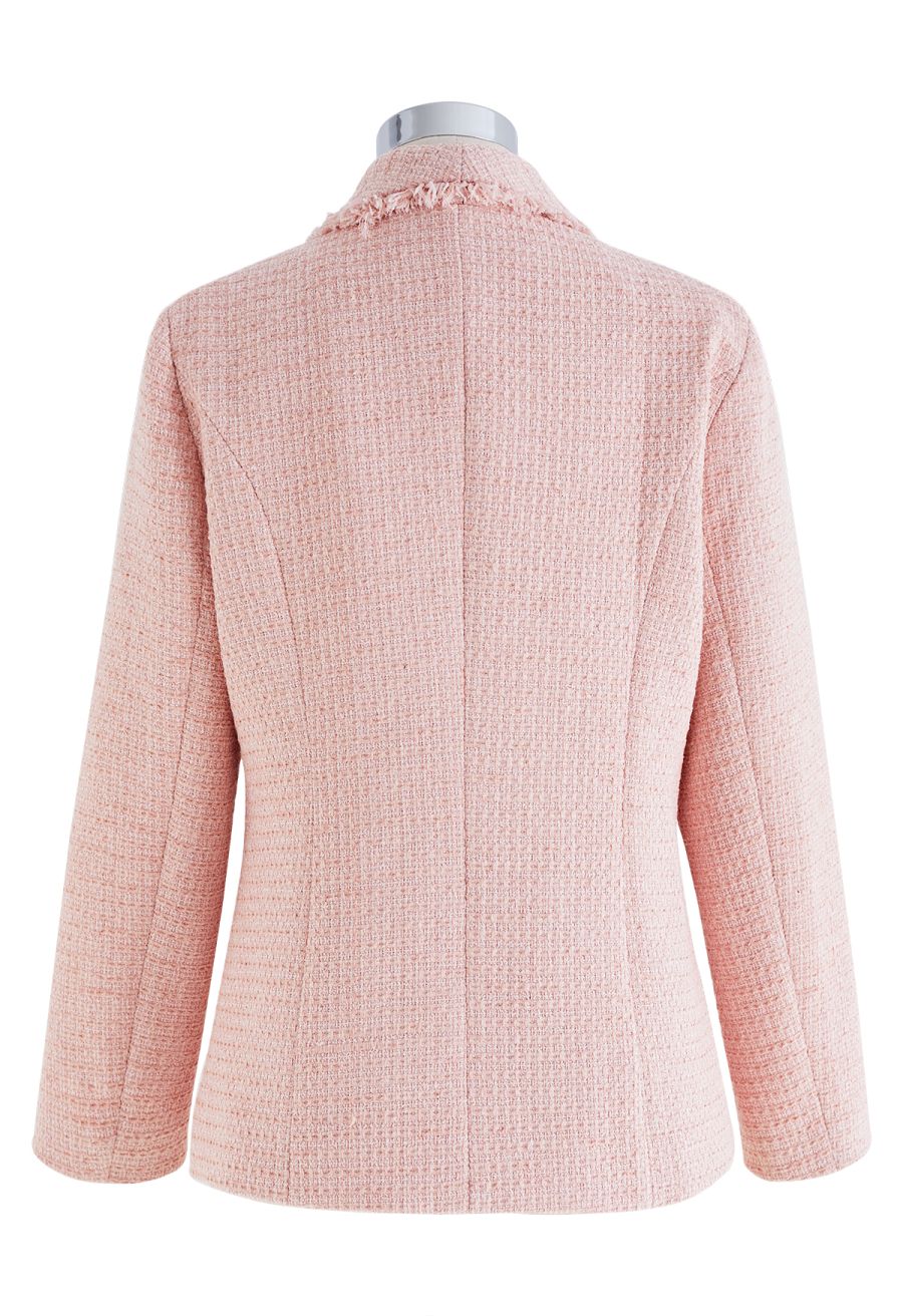 Shawl Collar Fringed Edge Tweed Blazer in Pink