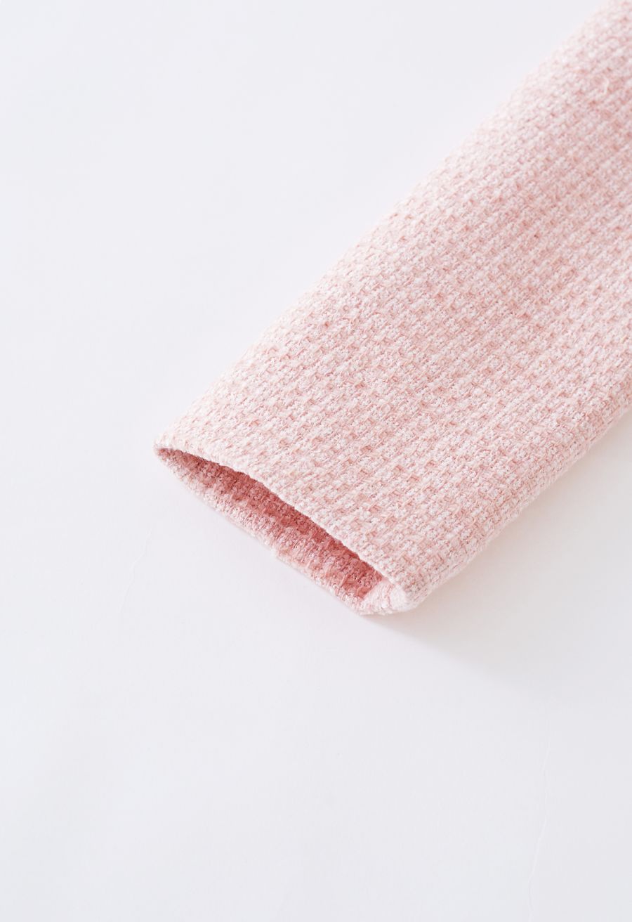 Shawl Collar Fringed Edge Tweed Blazer in Pink