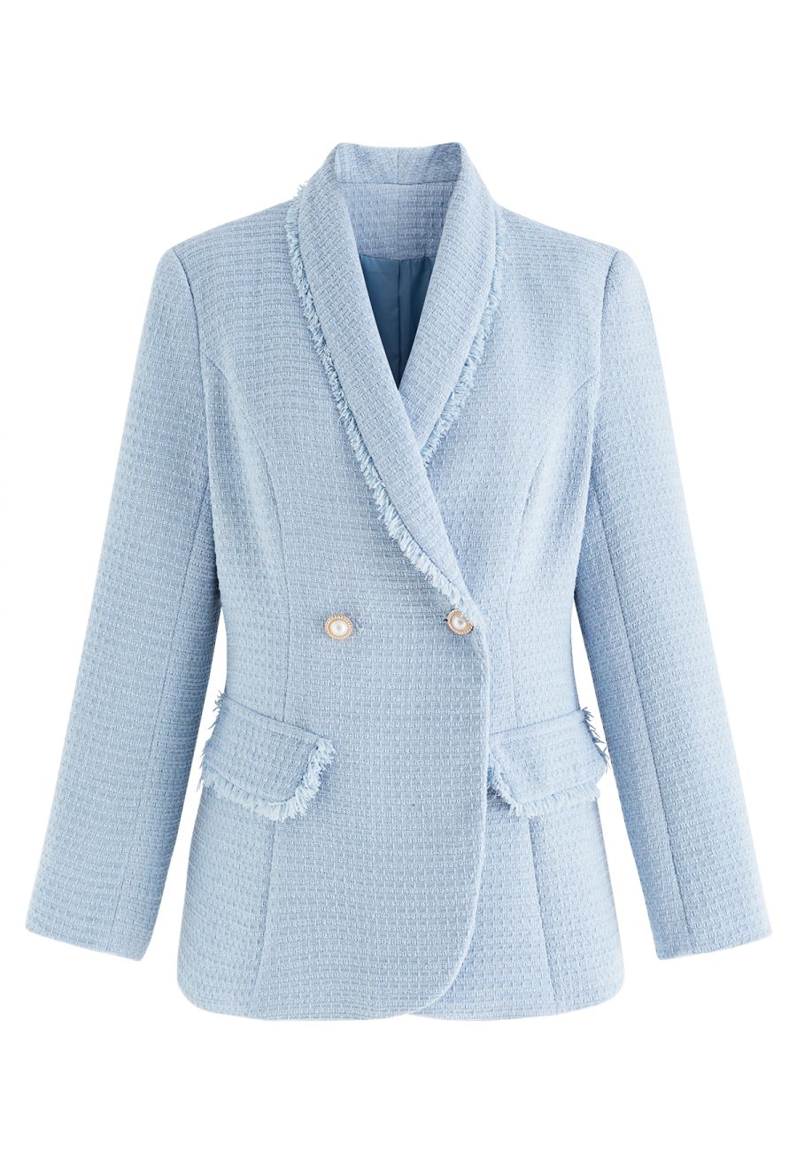 Shawl Collar Fringed Edge Tweed Blazer in Baby Blue