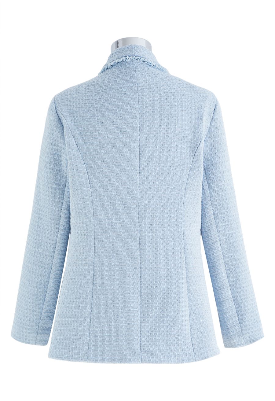 Shawl Collar Fringed Edge Tweed Blazer in Baby Blue