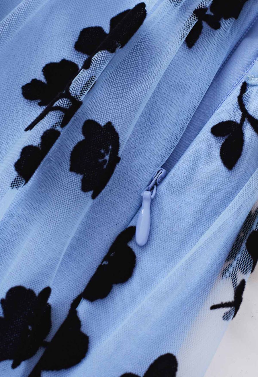3D Posy Mesh Wrap Maxi Dress in Blue