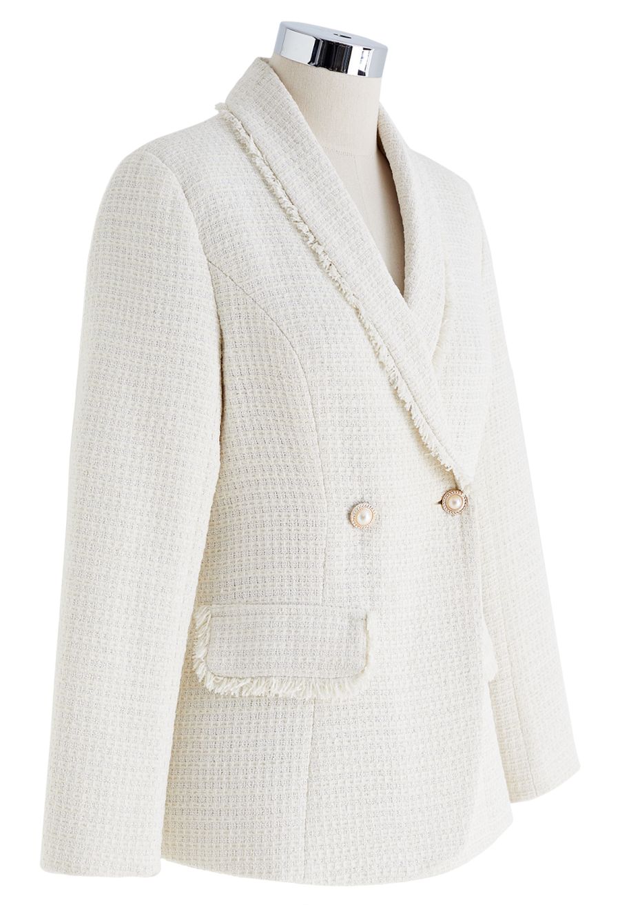 Shawl Collar Fringed Edge Tweed Blazer in Ivory
