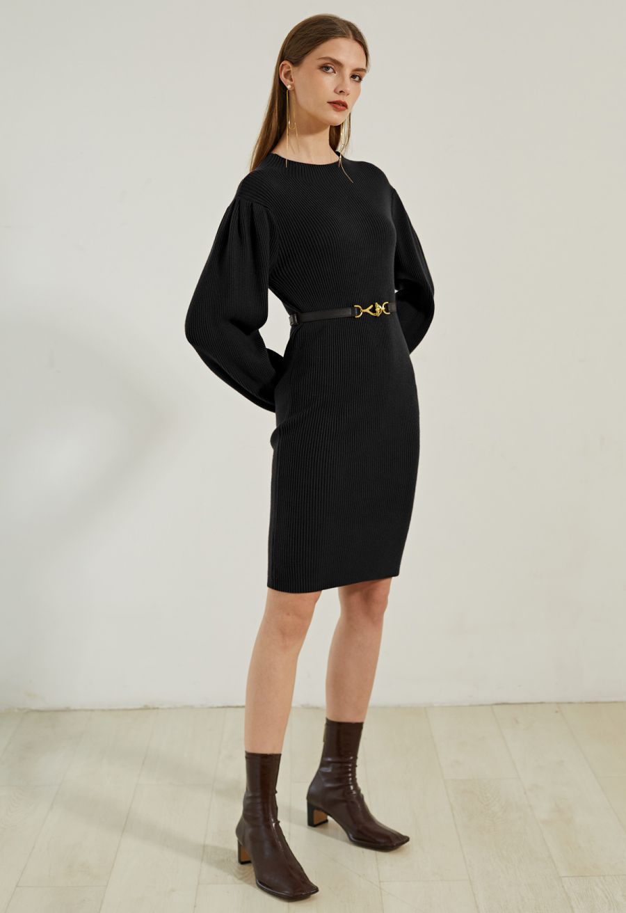 Lantern Sleeve Round Neck Ribbed Sweater Dress in Black