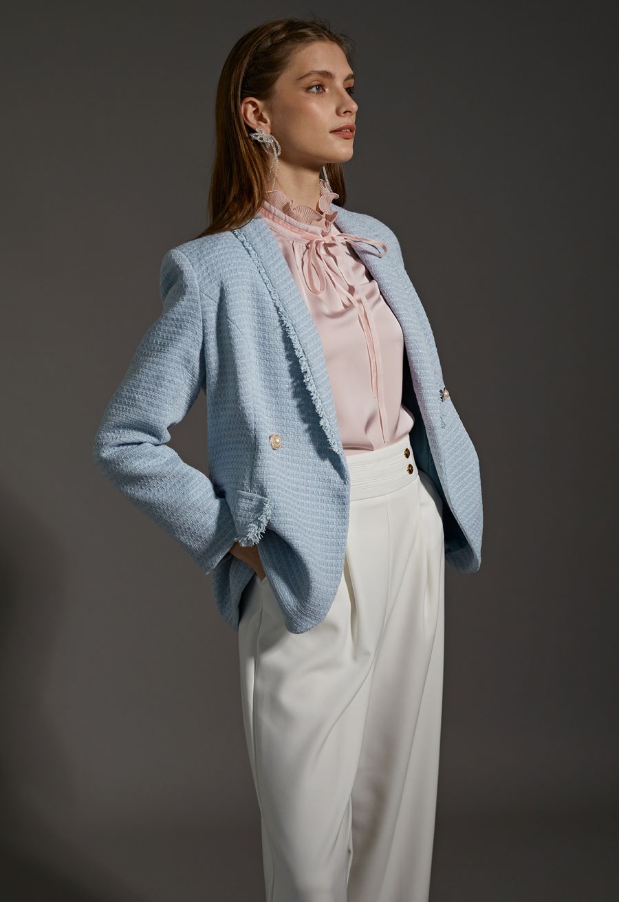 Shawl Collar Fringed Edge Tweed Blazer in Baby Blue