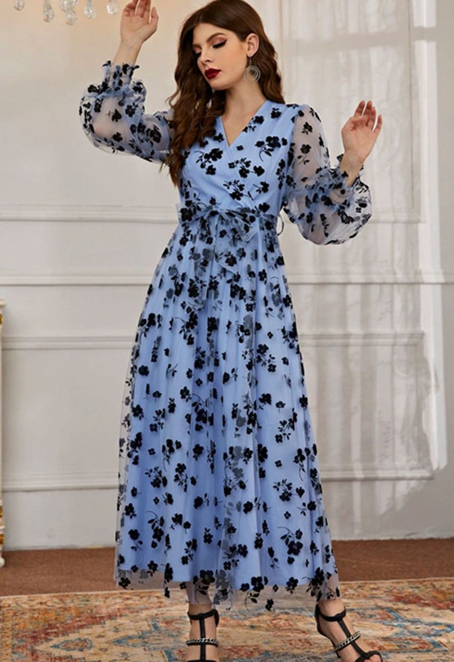 3D Posy Mesh Wrap Maxi Dress in Blue