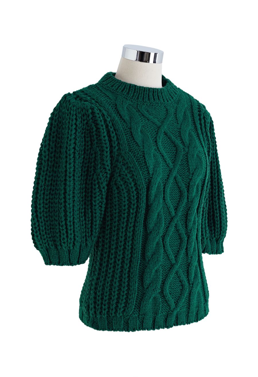 Bubble Sleeve Braided Ribbed Sweater in Dark Green