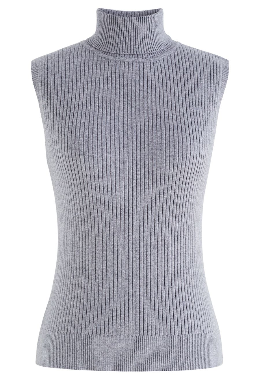 Turtleneck Soft Knit Sleeveless Top in Grey