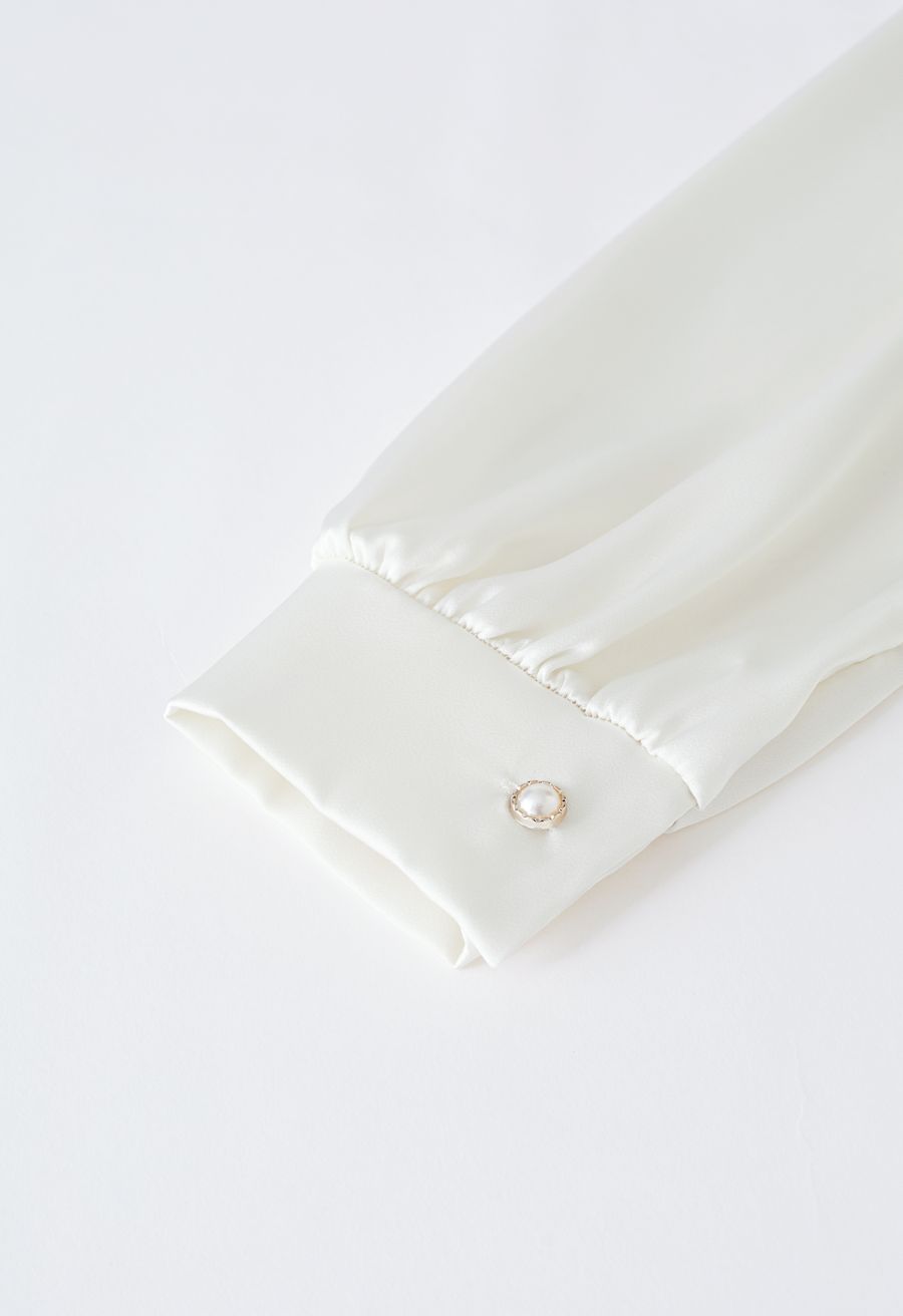 Rose Brooch Mock Neck Satin Shirt in White