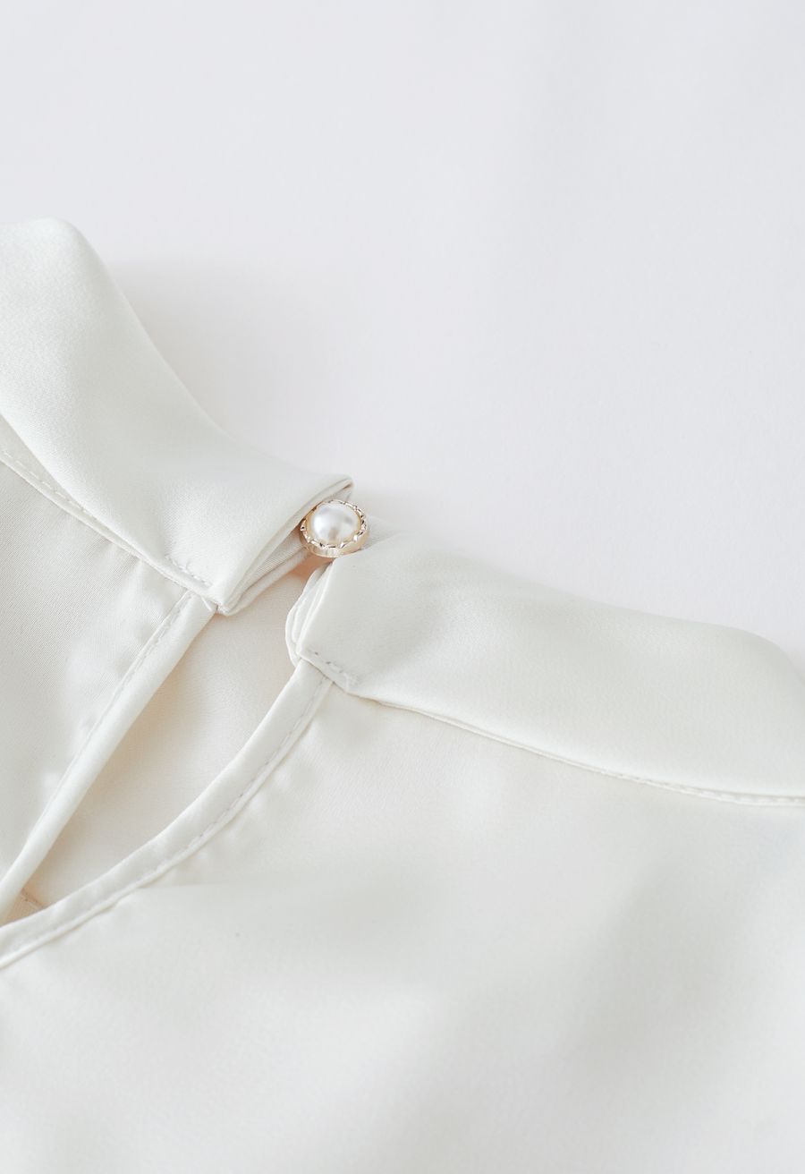 Rose Brooch Mock Neck Satin Shirt in White