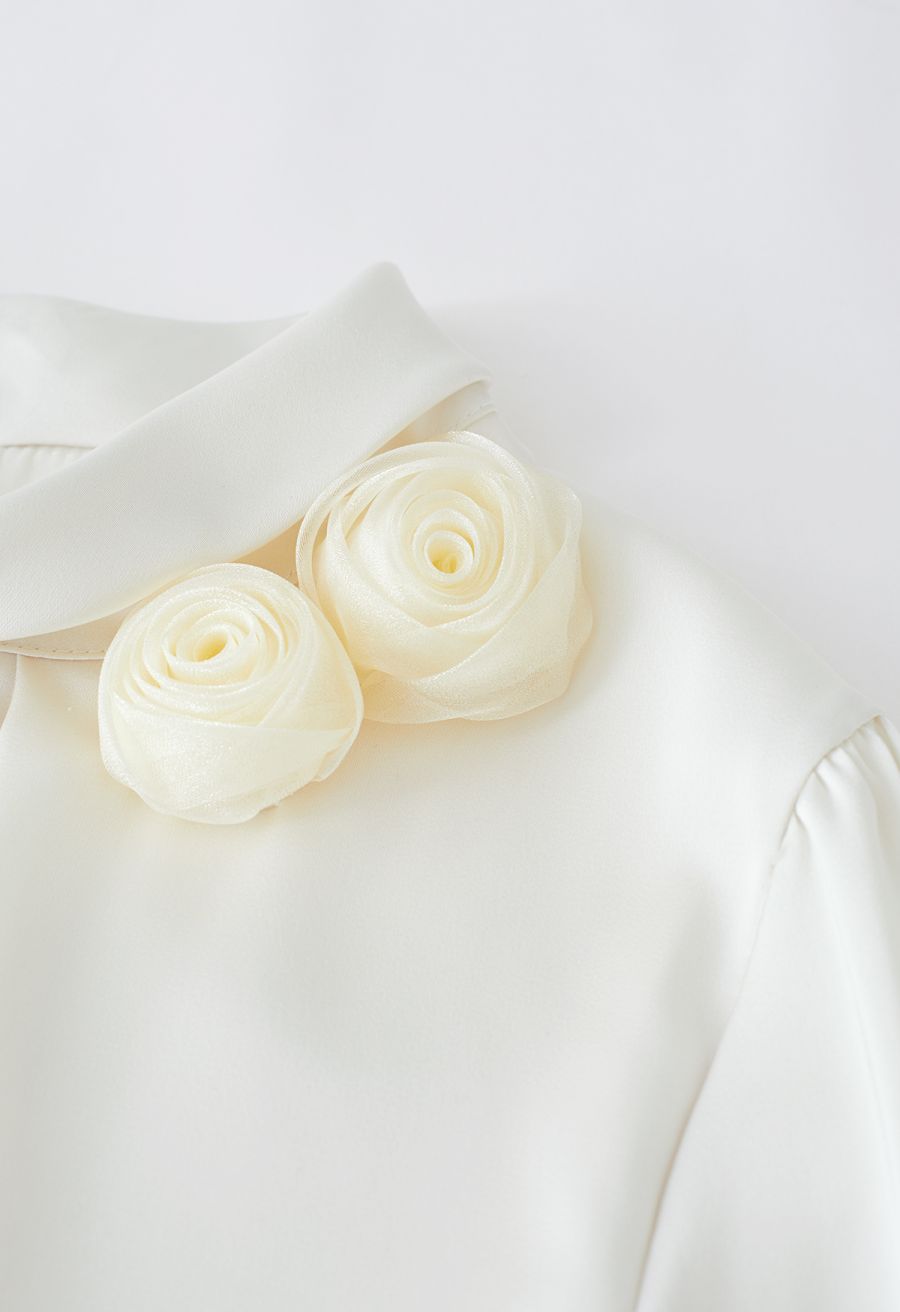 Rose Brooch Mock Neck Satin Shirt in White