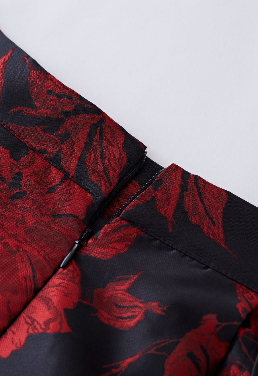 Mysterious Red Rose Jacquard A-Line Skirt