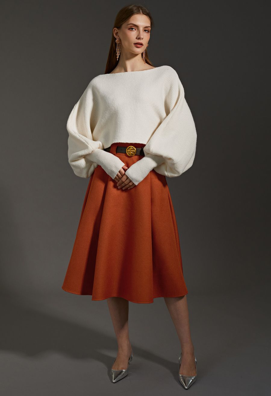 Exaggerated Bubble Sleeve Boat Neck Knit Top in Cream