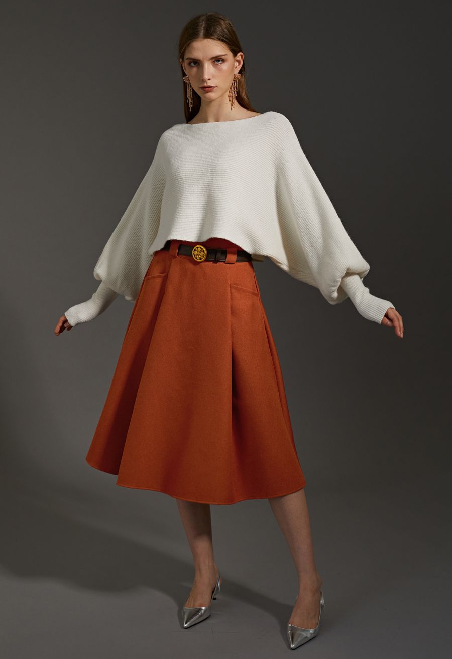 Exaggerated Bubble Sleeve Boat Neck Knit Top in Cream