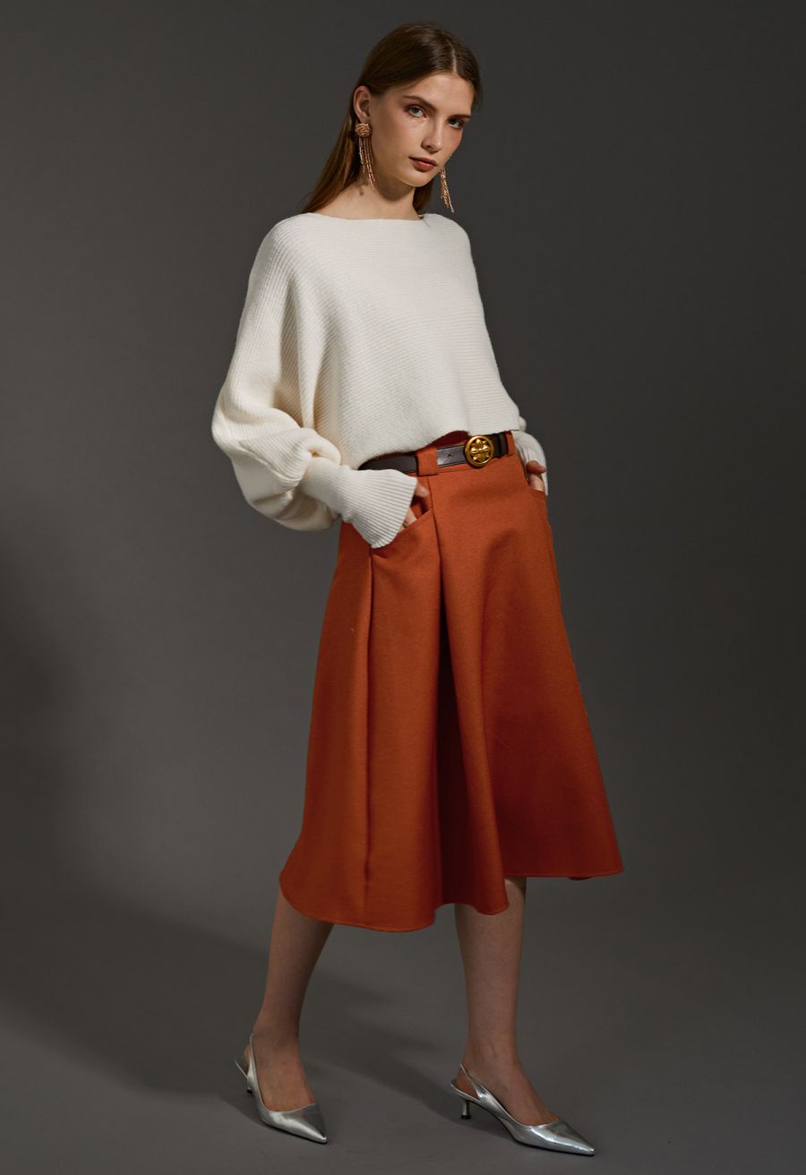 Exaggerated Bubble Sleeve Boat Neck Knit Top in Cream