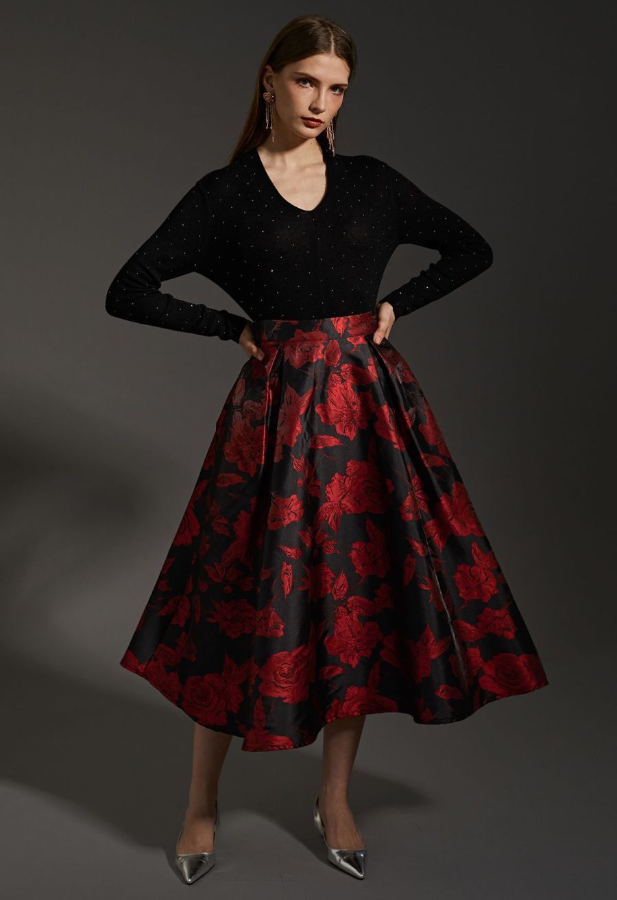 Mysterious Red Rose Jacquard A-Line Skirt