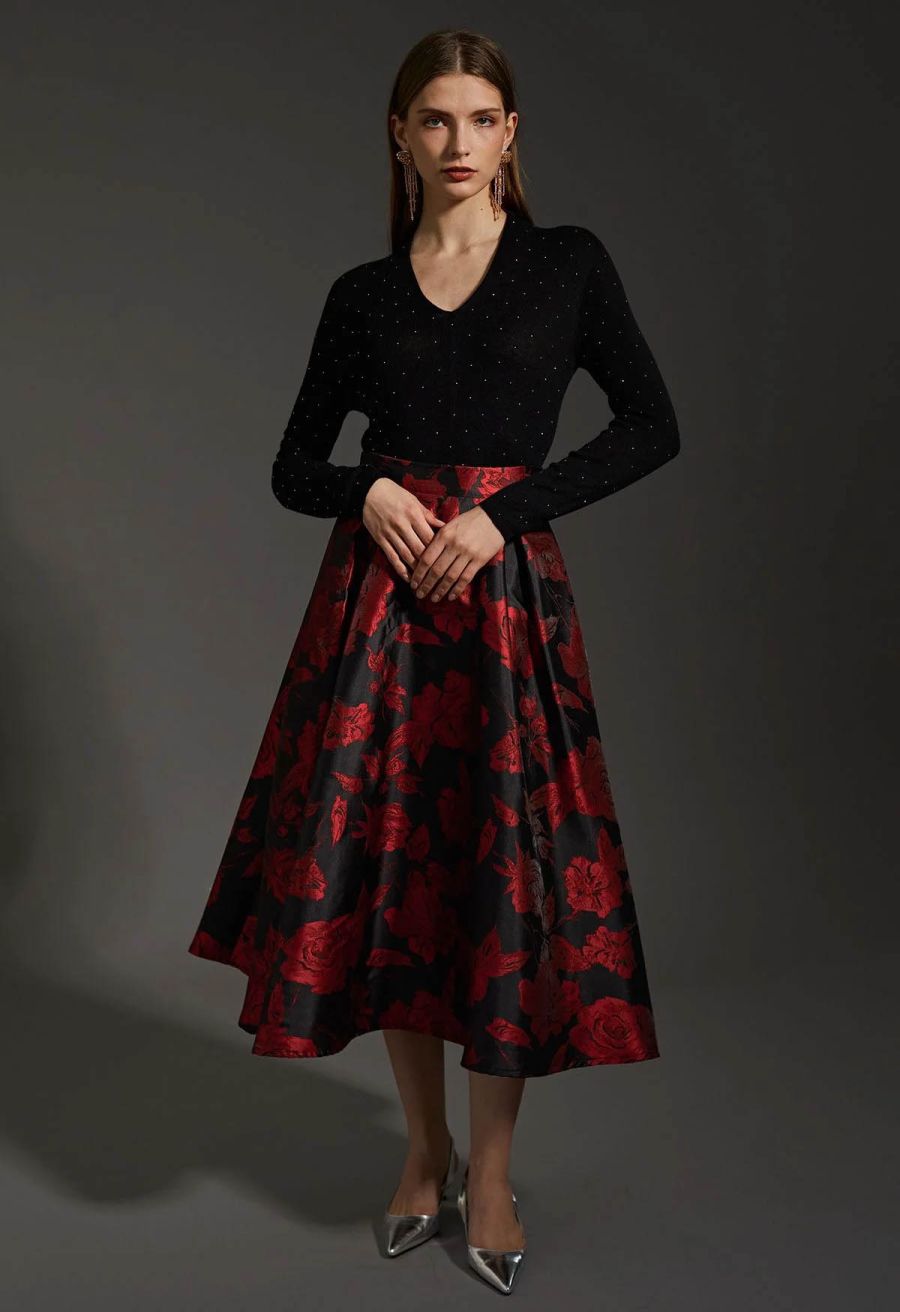 Mysterious Red Rose Jacquard A-Line Skirt