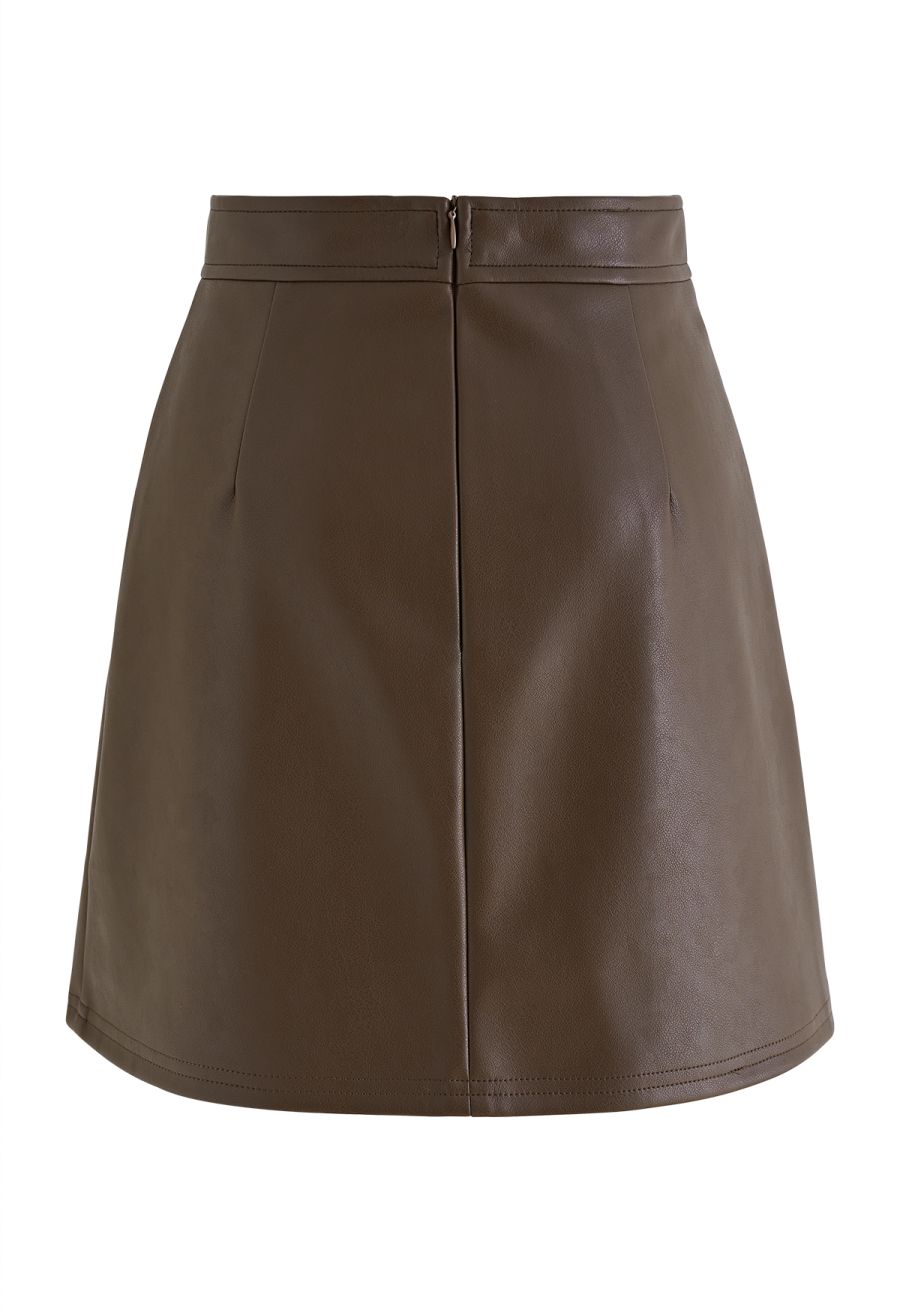 Nifty Faux Leather Flap Mini Bud Skirt in Brown