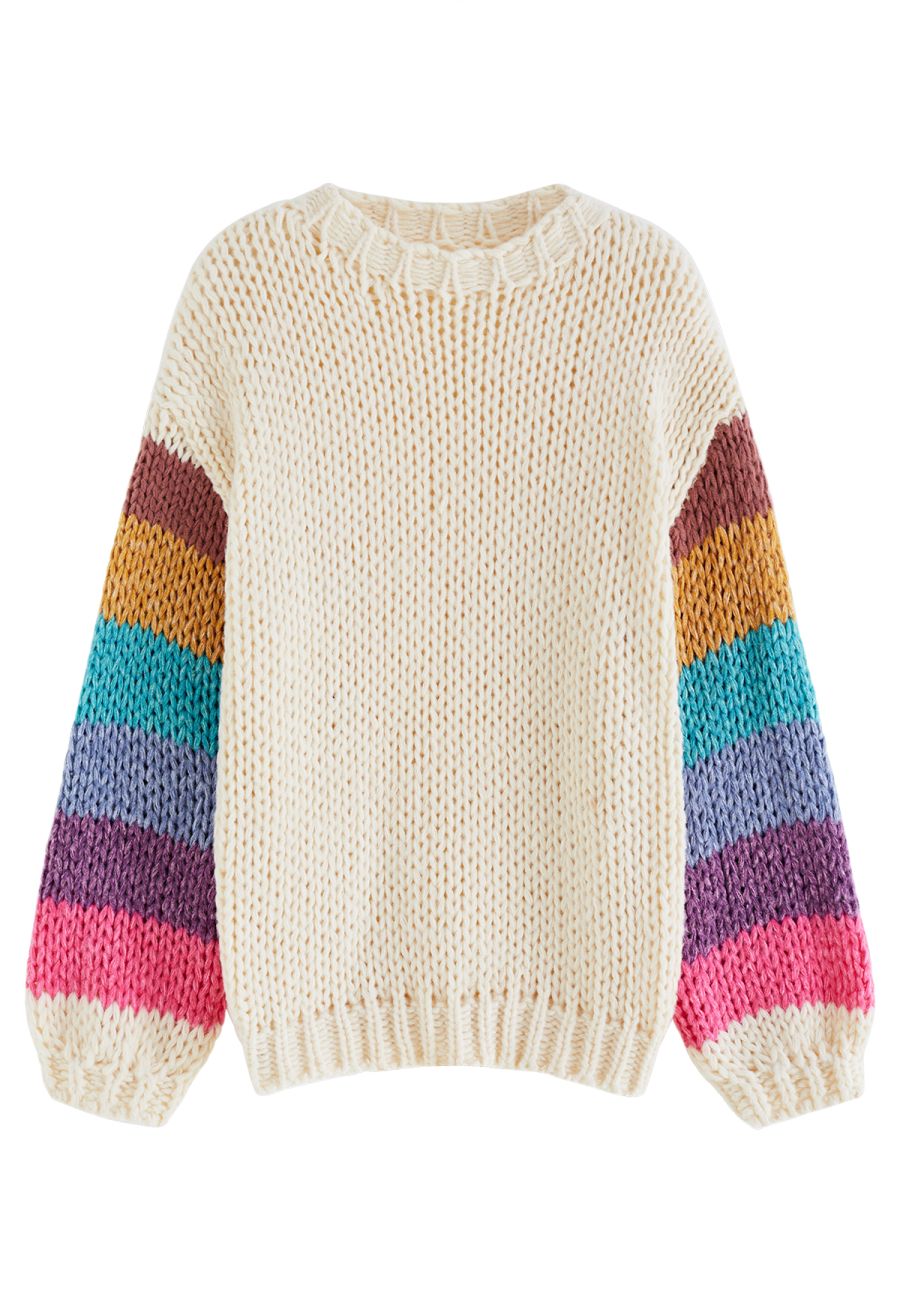 Colorblock-Sleeve Hand Knit Sweater