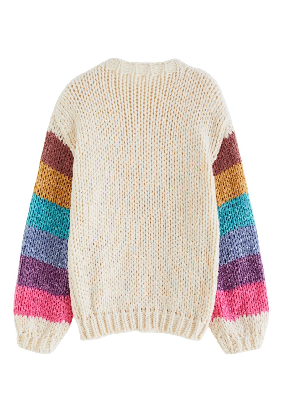 Colorblock-Sleeve Hand Knit Sweater