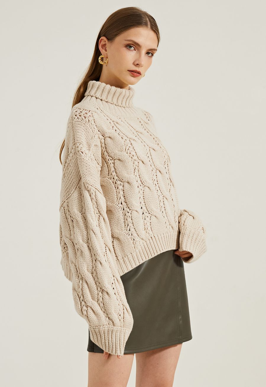 Turtleneck Braid Knit Crop Sweater in Camel