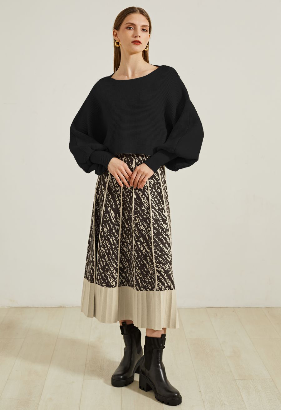 Exaggerated Bubble Sleeve Boat Neck Knit Top in Black