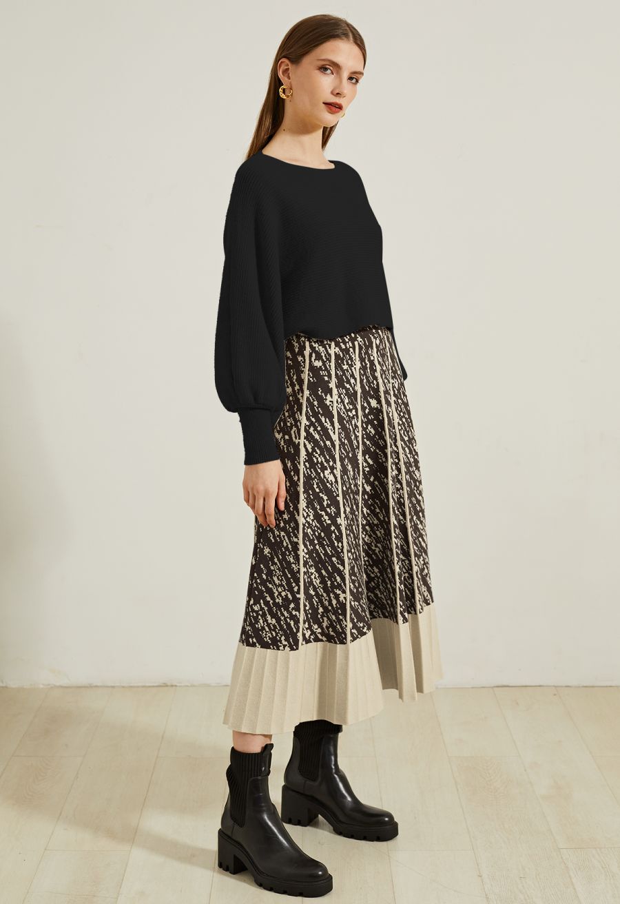Exaggerated Bubble Sleeve Boat Neck Knit Top in Black