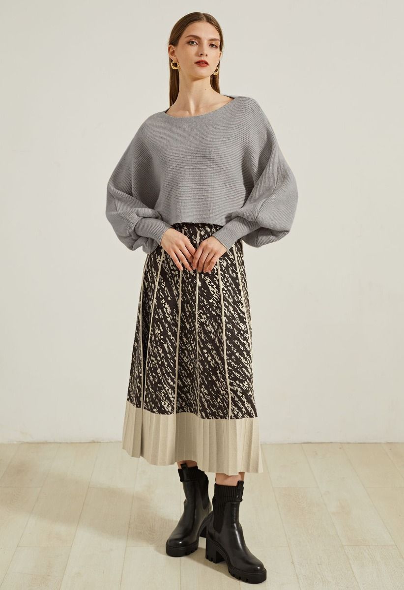 Exaggerated Bubble Sleeve Boat Neck Knit Top in Taupe