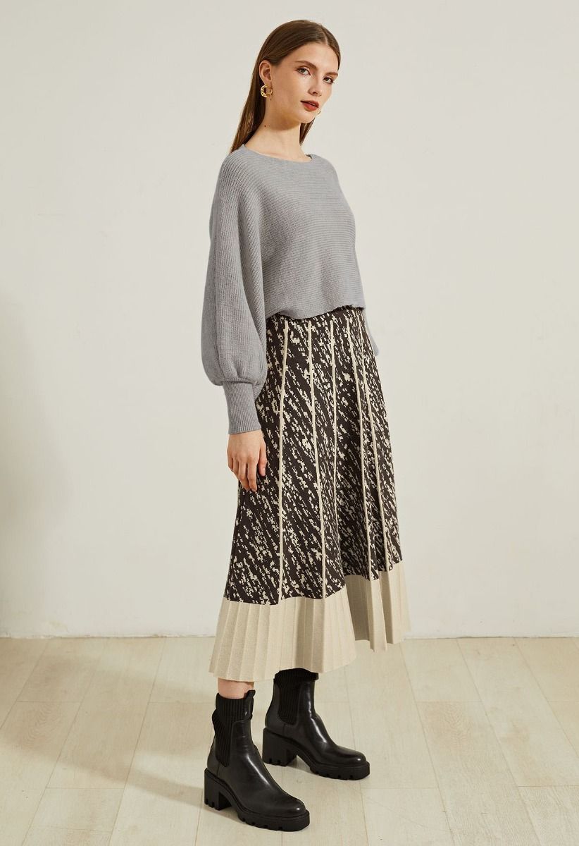 Exaggerated Bubble Sleeve Boat Neck Knit Top in Taupe