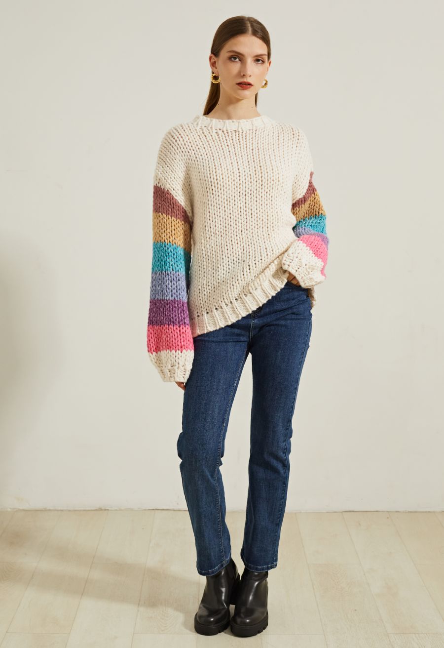 Colorblock-Sleeve Hand Knit Sweater