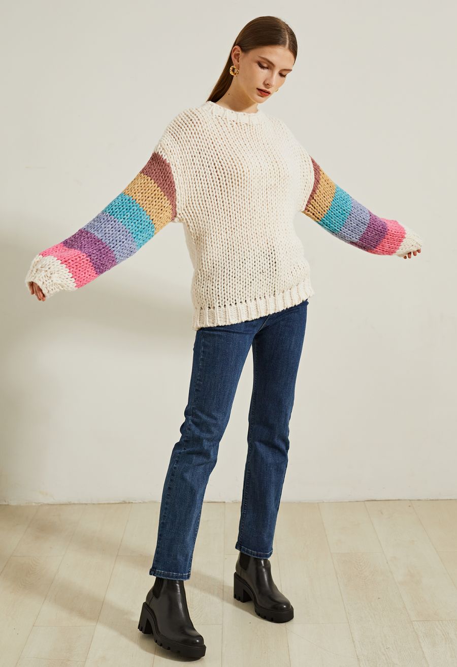 Colorblock-Sleeve Hand Knit Sweater