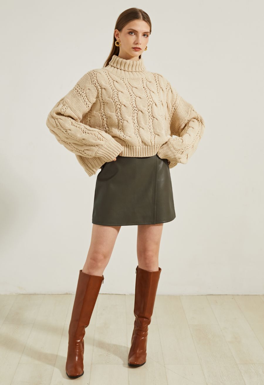 Nifty Faux Leather Flap Mini Bud Skirt in Olive
