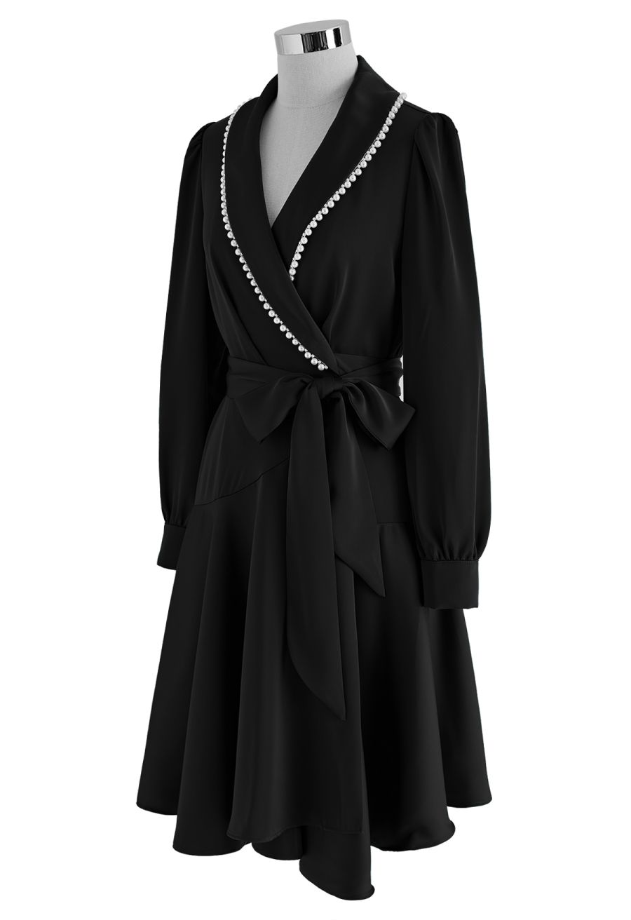 Pearl Trim Wrapped Satin Midi Dress in Black