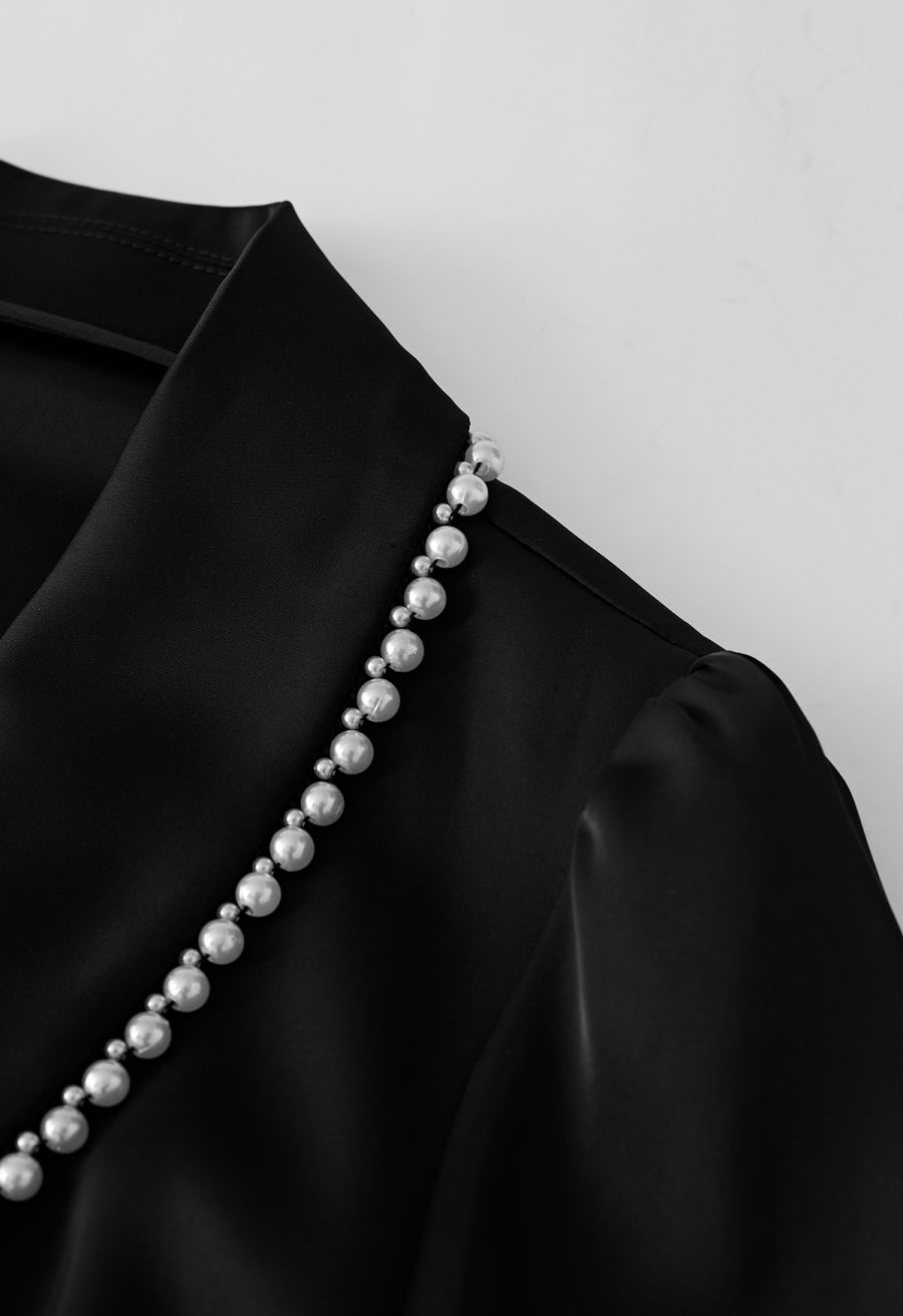 Pearl Trim Wrapped Satin Midi Dress in Black