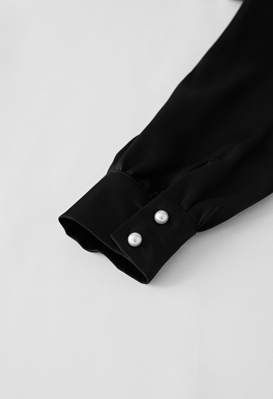 Pearl Trim Wrapped Satin Midi Dress in Black