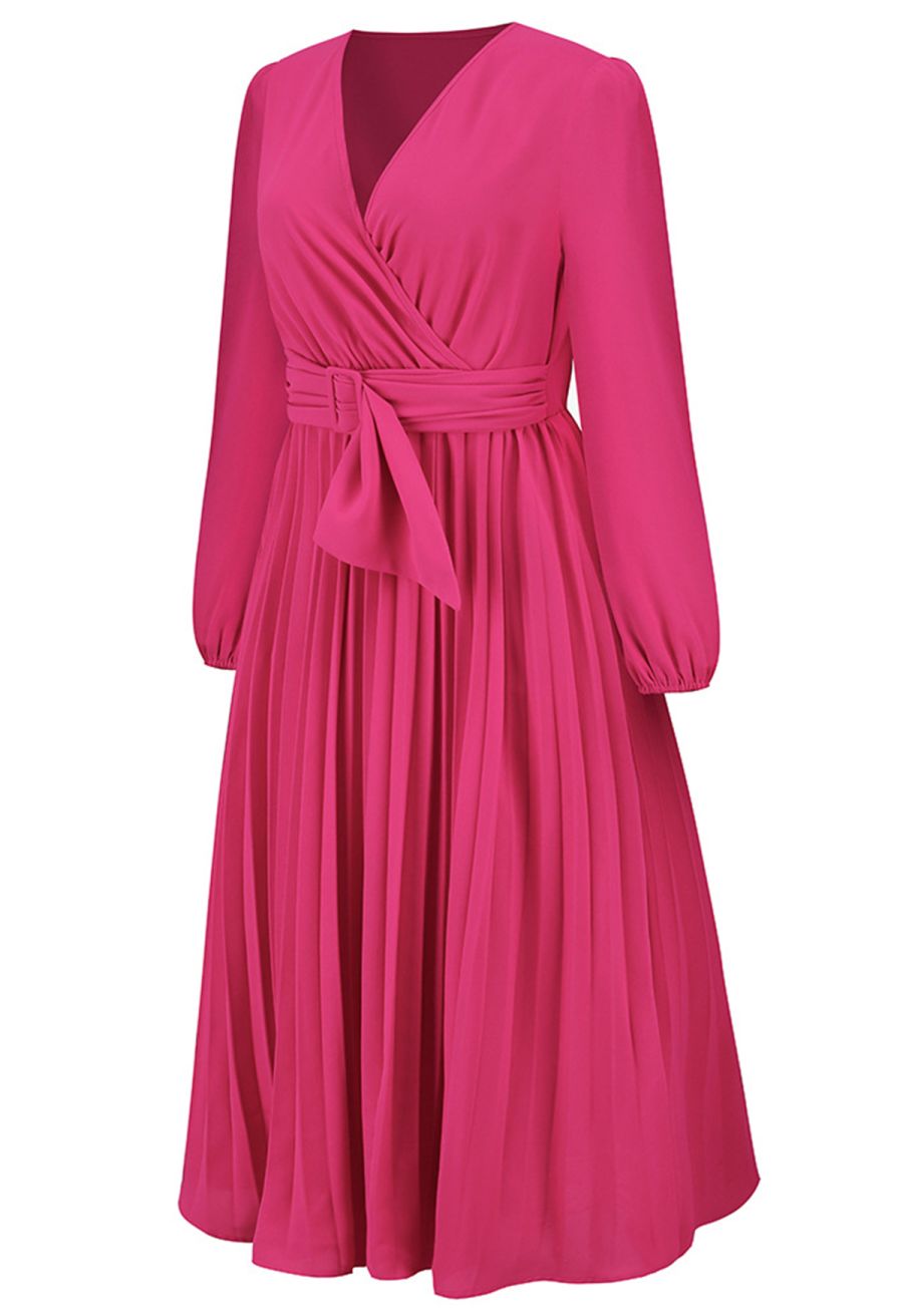 Wrap Front Buckle Belt Dress in Magenta