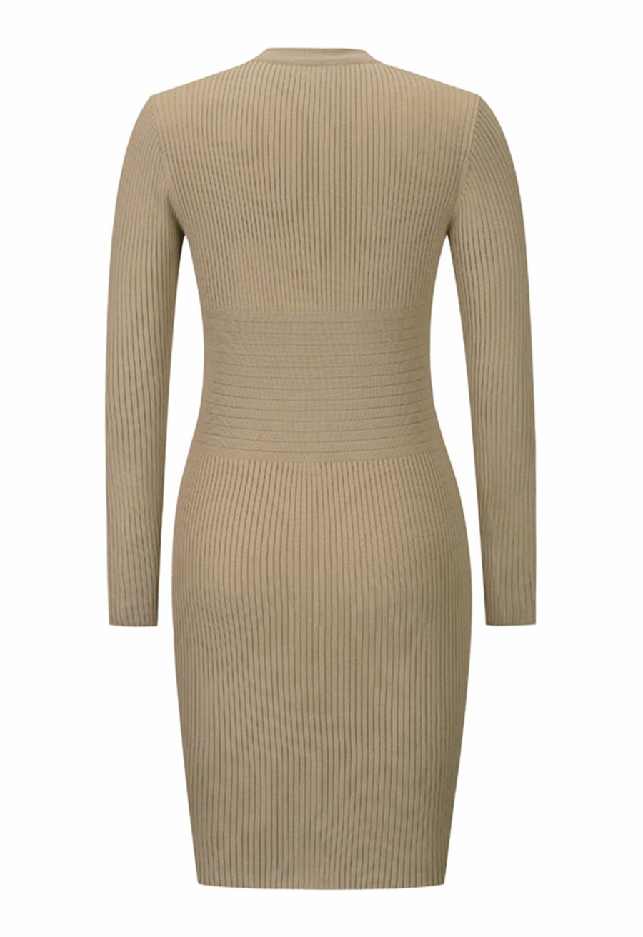 Decorous Gold Button Fitted Knit Dress in Light Tan