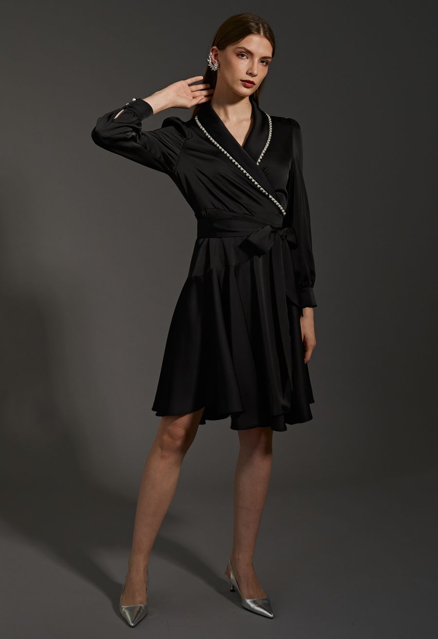 Pearl Trim Wrapped Satin Midi Dress in Black
