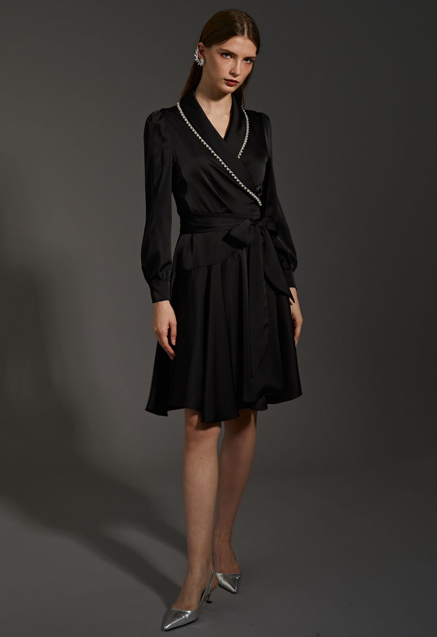 Pearl Trim Wrapped Satin Midi Dress in Black