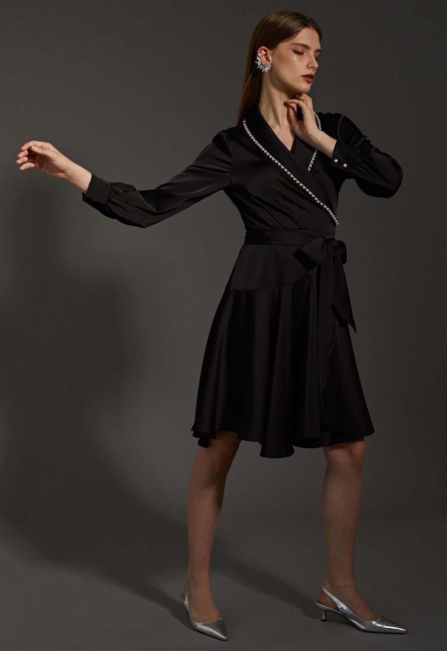 Pearl Trim Wrapped Satin Midi Dress in Black