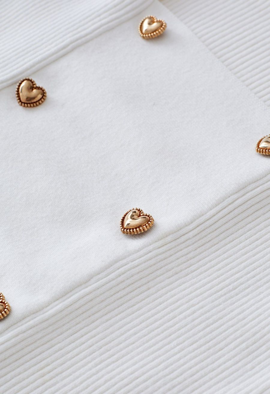 Heart-Shape Buttons Square Neck Knit Top in White